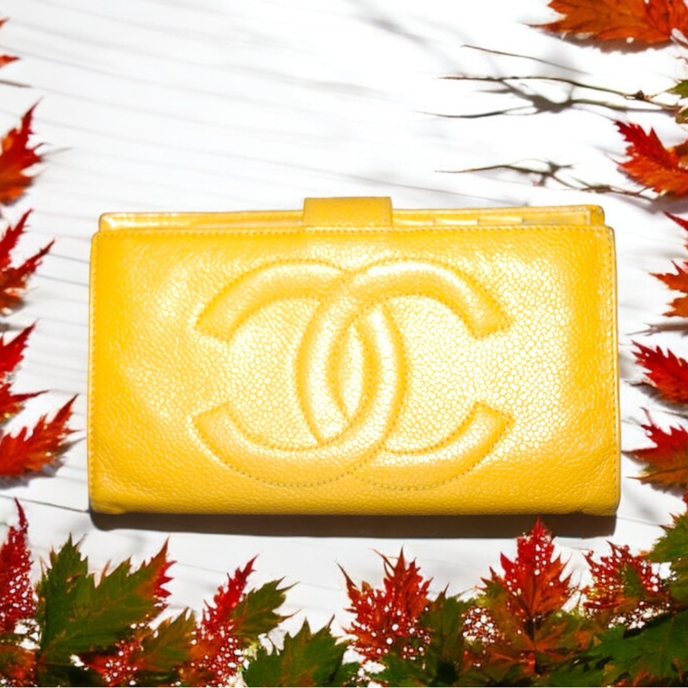 Chanel Caviar CC Long Wallet in Mustard Yellow - Authentic